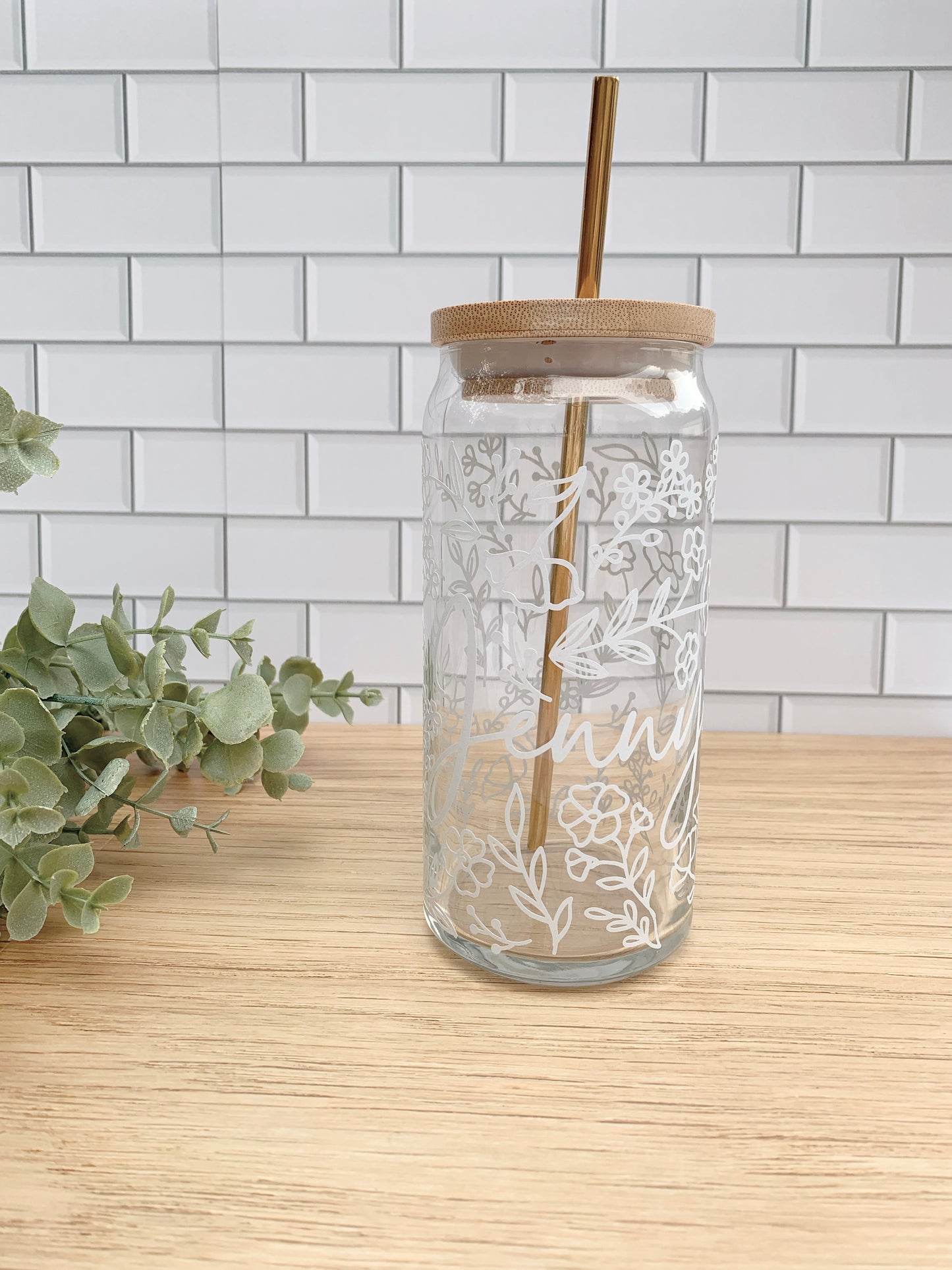 Custom Floral Name Iced Coffee Glass - 20oz