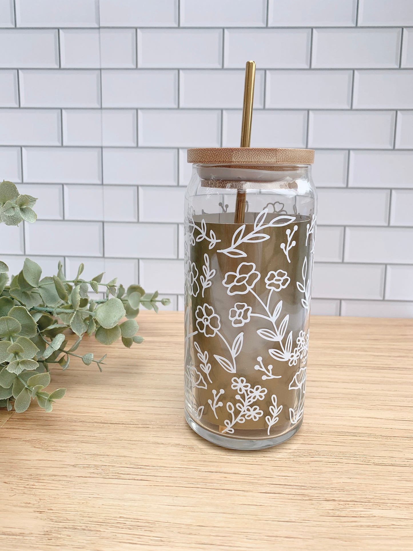 Custom Floral Name Iced Coffee Glass - 20oz