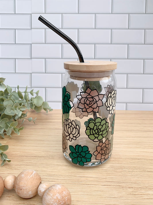 Multi Colored Succulents Iced Coffee Glass - 16oz